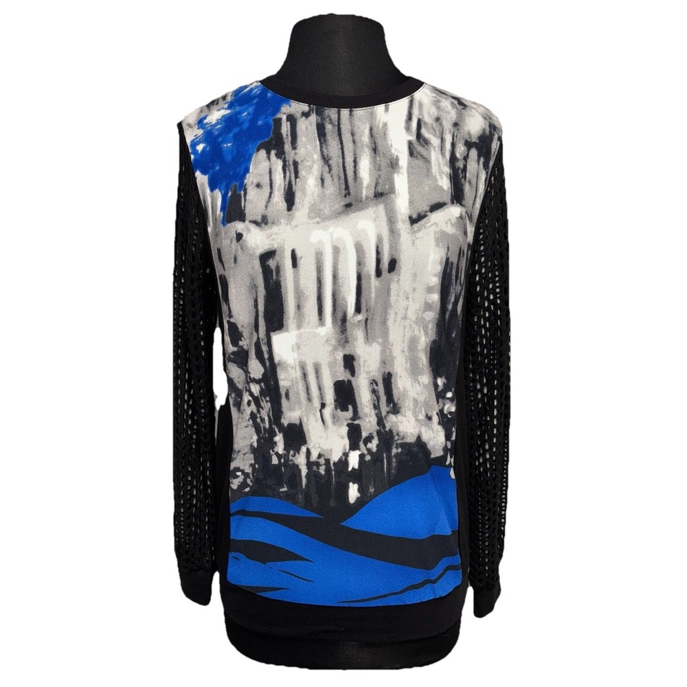 NWT Picadilly Blue My Mind Abstract Print Top Mesh Back & Sleeves Small Canada
